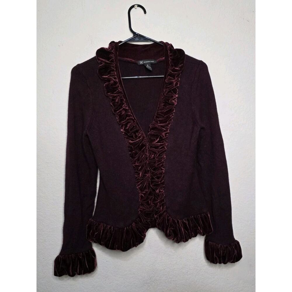 INC International Burgundy Cardigan M Silk/Rabbit Hair 90s Vintage Ruffle